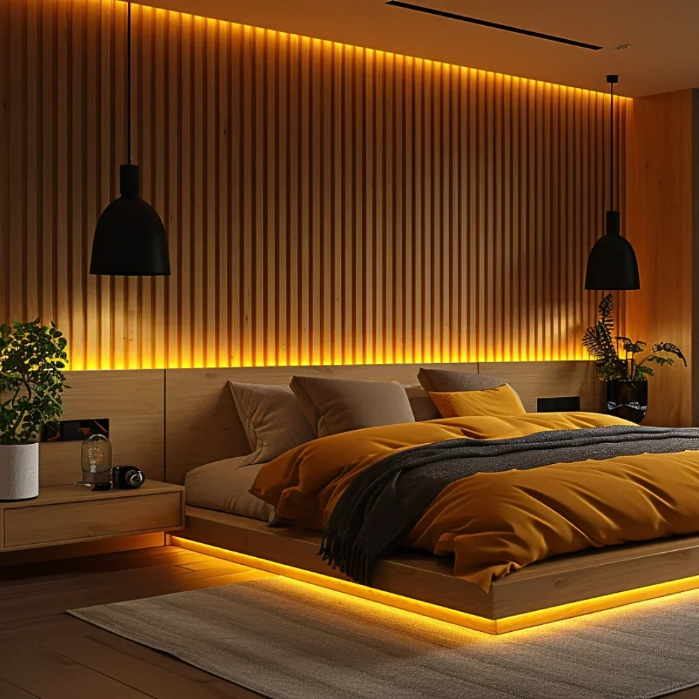 Bedroom with slat wall panels